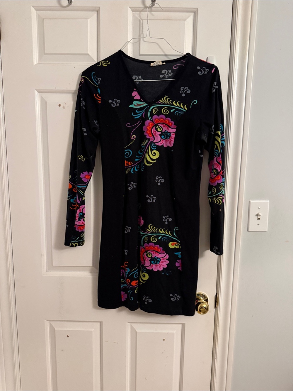 Black Long-Sleeve V-Neck Dress with Bright Floral Print